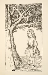 Alice findet eine Tür in den Baum, Illustration aus Alice unter der Erde, veröffentlicht 1886